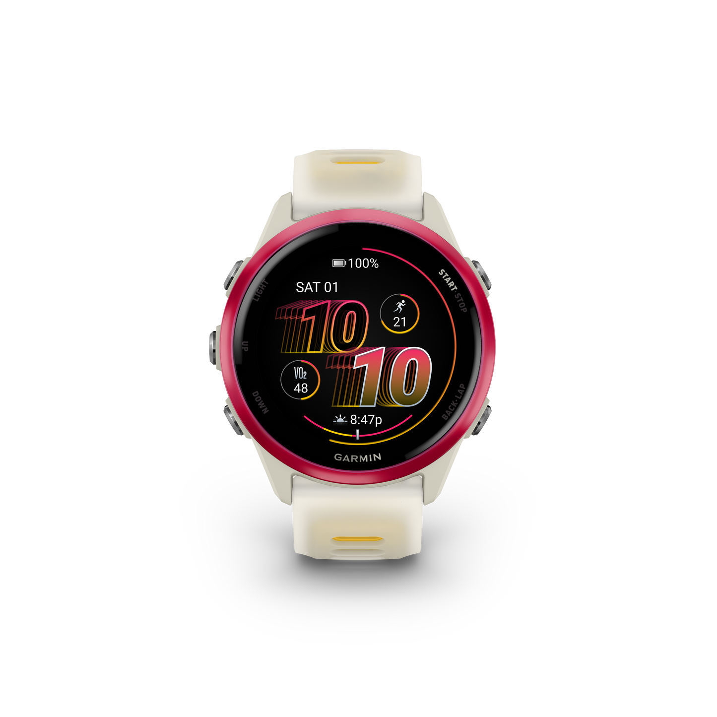 Garmin Forerunner 570 smartwatch, 42mm Raspberry with Bone/Mango band; white strap with pink bezel