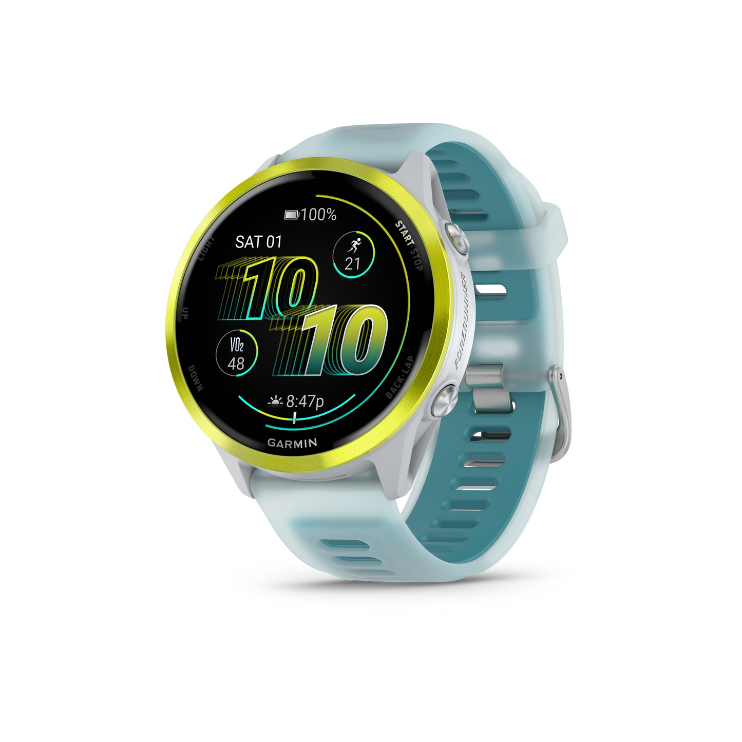 Garmin Forerunner 570 smartwatch, 47mm, Amp Yellow bezel with Whitestone/Turquoise band