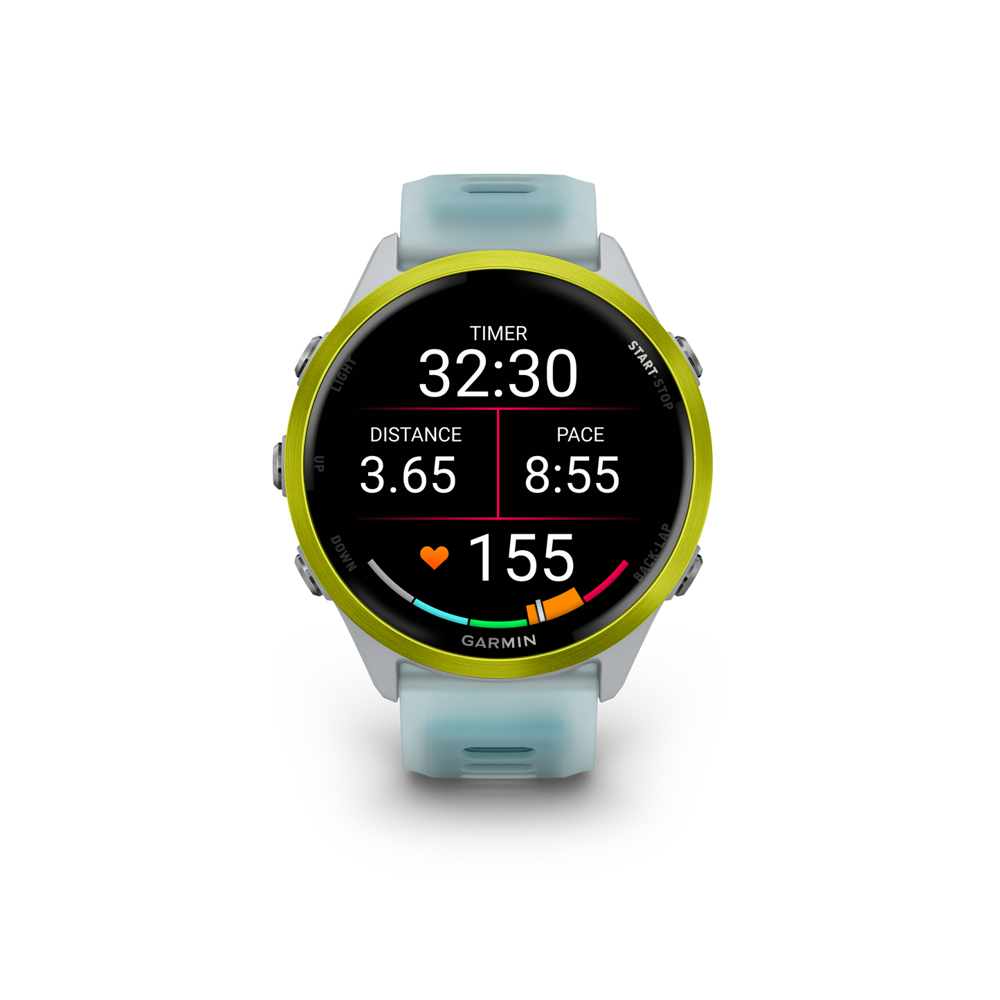 Garmin Forerunner 570 smart watch with amp yellow bezel and Whitestone/Turquoise band