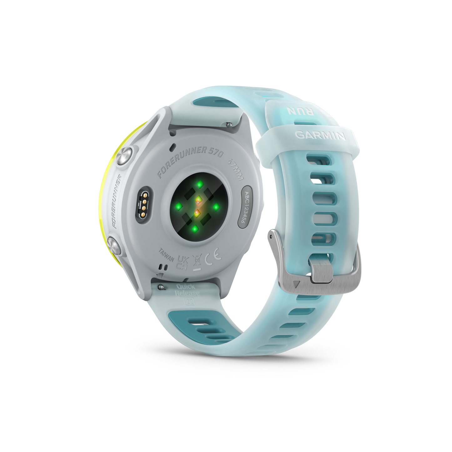 Garmin Forerunner 570 smartwatch, 47mm case, Amp Yellow bezel with Whitestone/Turquoise band