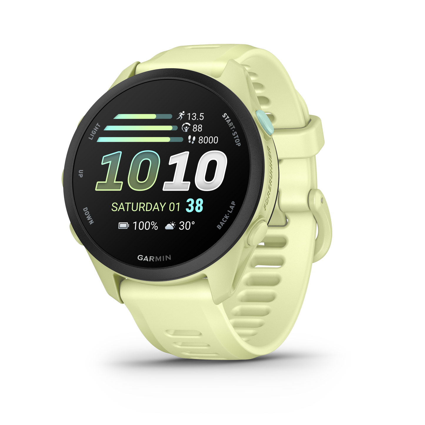 Garmin Forerunner 70 GPS fitness smartwatch with citron band and detailed stats display
