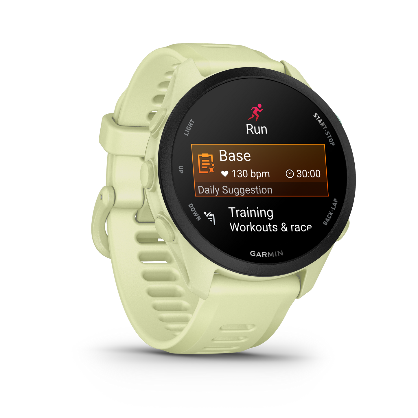 Garmin Forerunner 70 GPS fitness smartwatch in citron with round black display.