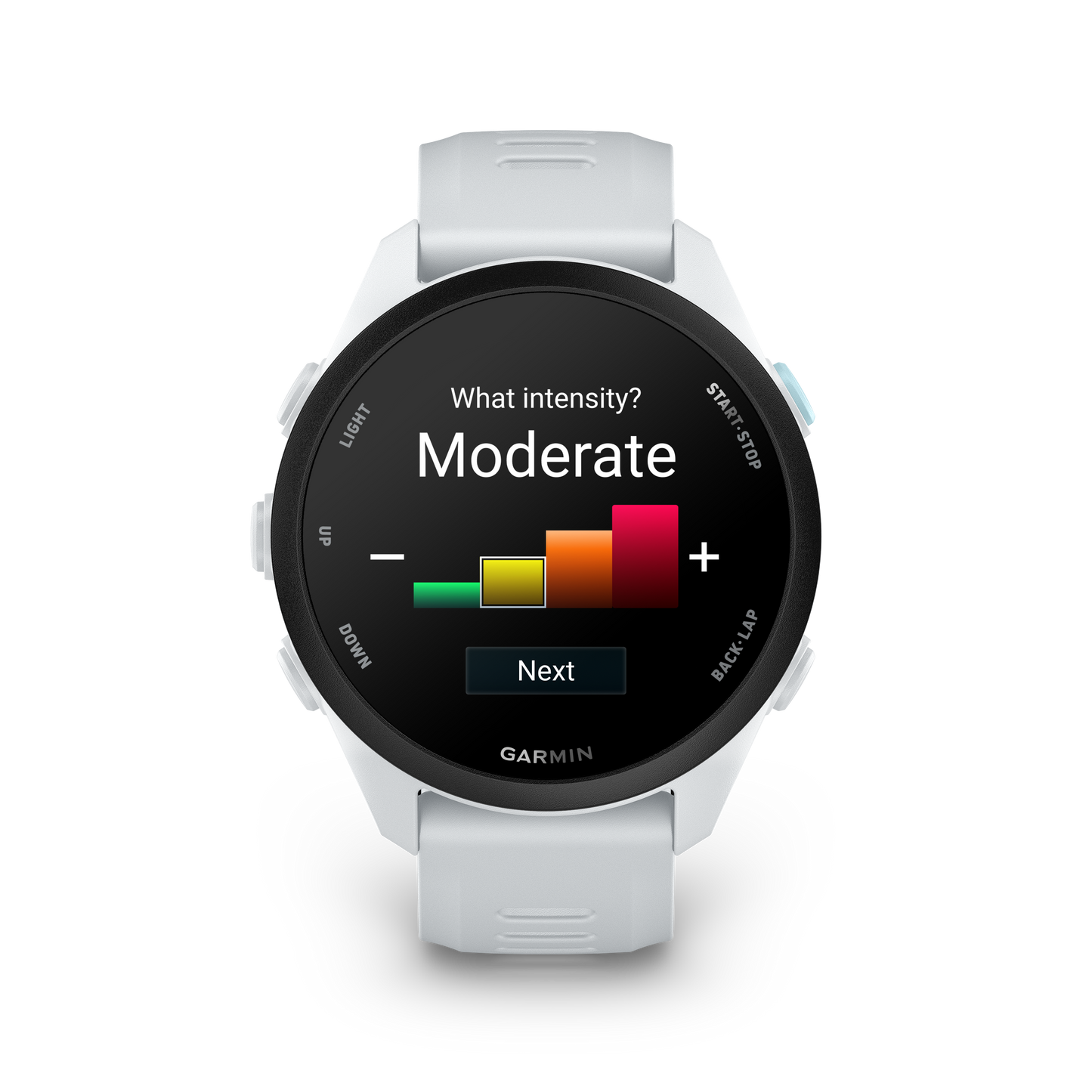 Garmin Forerunner 70 smartwatch, Whitestone white silicone strap, round black display.