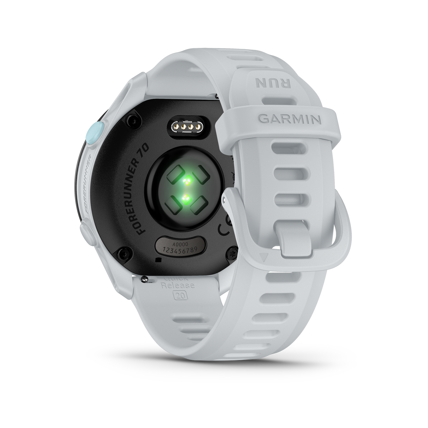 Garmin Forerunner 70 smartwatch, white band, back view with green sensor LEDs