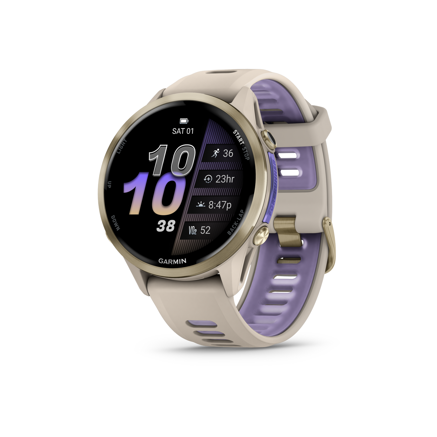 Garmin Forerunner 970 smartwatch with soft gold titanium case, French gray/Indigo accents, lavender strap