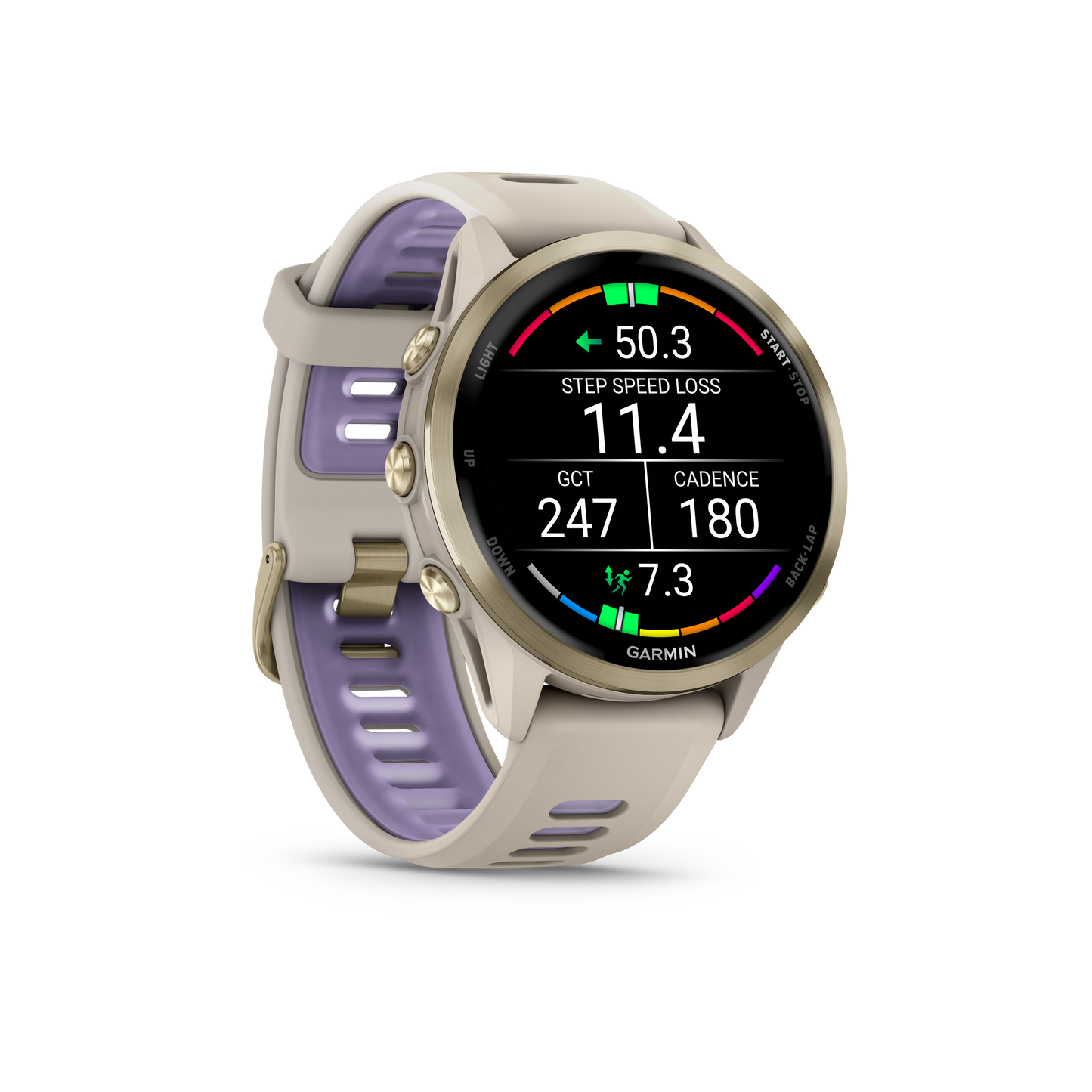 Garmin Forerunner 970 smartwatch, soft gold titanium case with lavender strap and French Gray/Indigo accents.