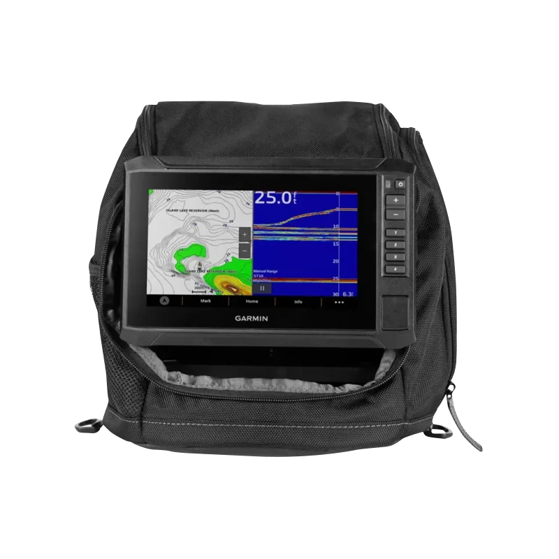 Garmin ECHOMAP UHD2 73sv ice fishing bundle display in black carrying case