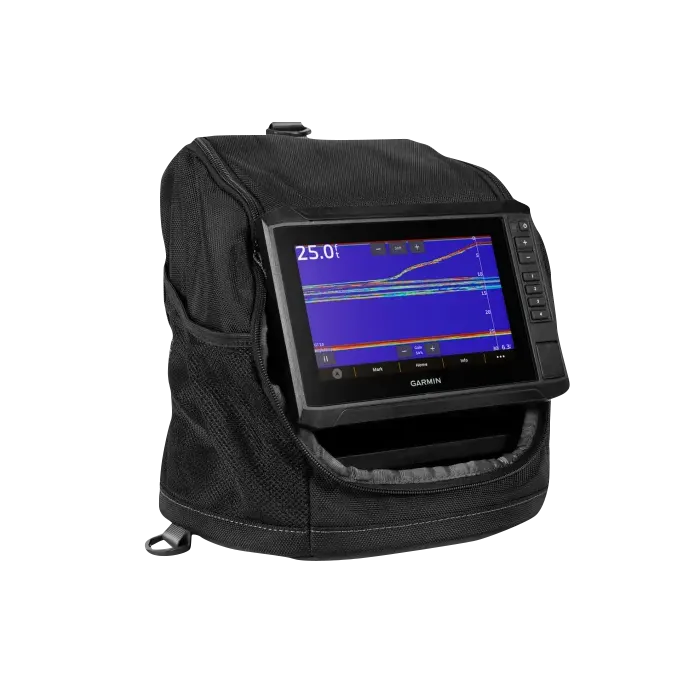 Garmin ECHOMAP UHD2 73sv Ice fishing sonar in a black protective case