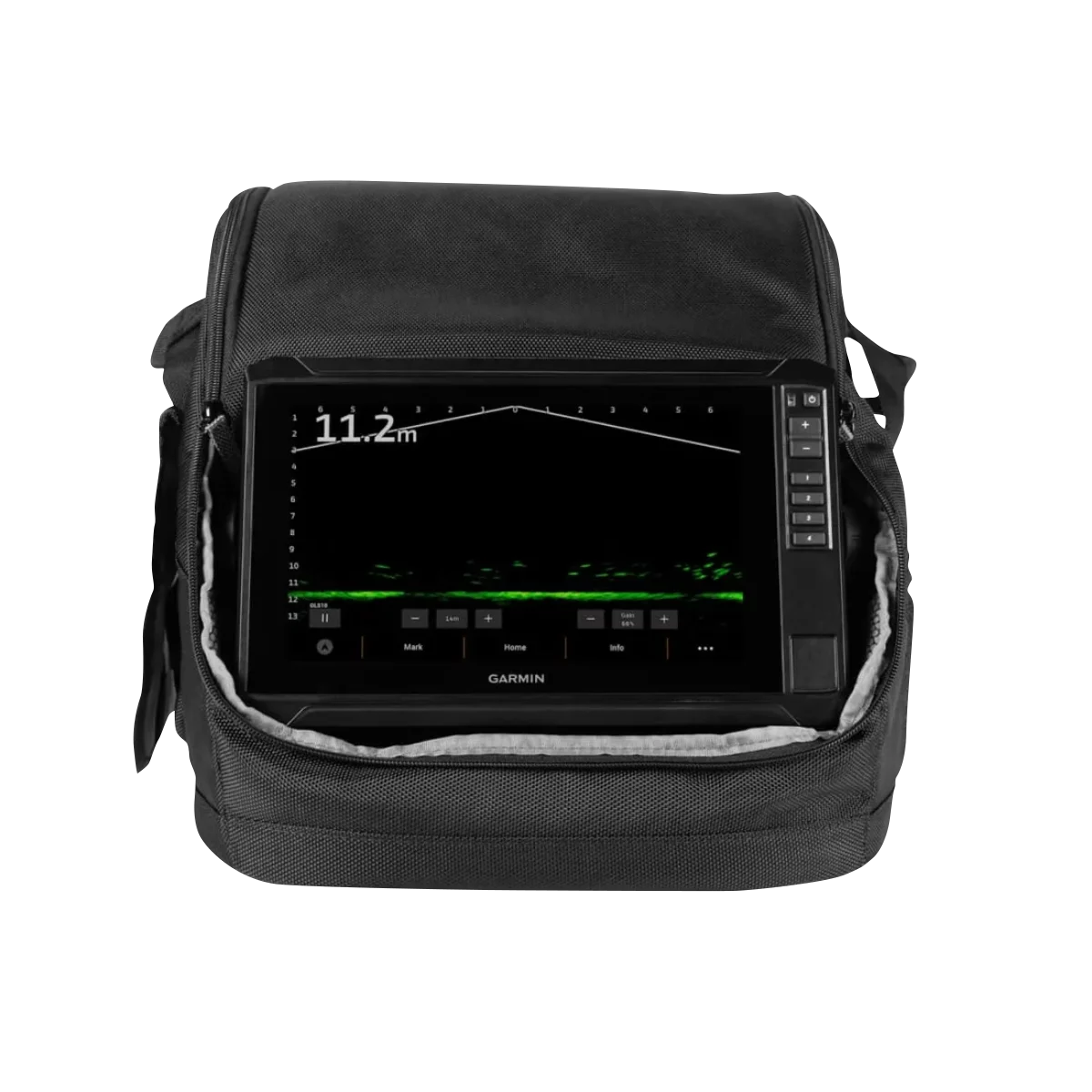 Garmin ECHOMAP 95sv UHD2 LiveScope ice fishing bundle in black carrying bag