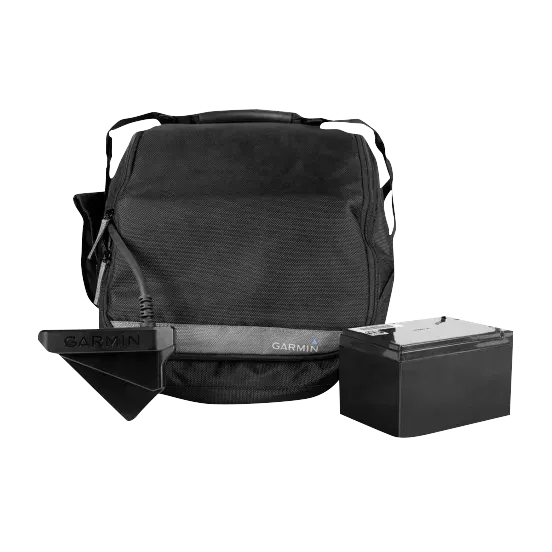 Garmin ECHOMAP 95sv UHD2 LiveScope ice fishing bundle: black carry bag, Garmin transducer, battery box.