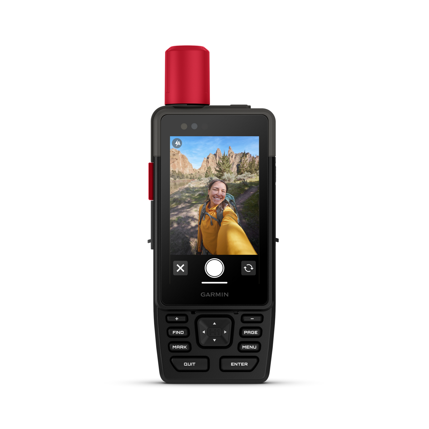 Garmin GPSMAP H1i Plus handheld GPS with inReach, red top cap and rugged black body