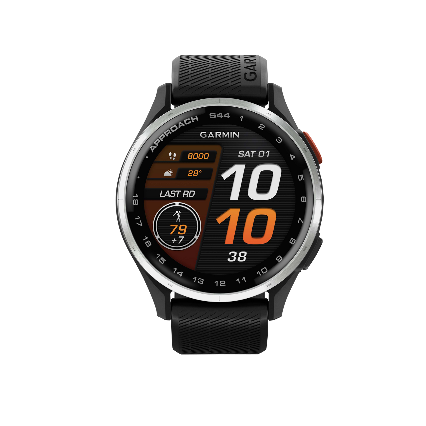 Garmin Approach S44 golf GPS smartwatch with silver bezel and black band