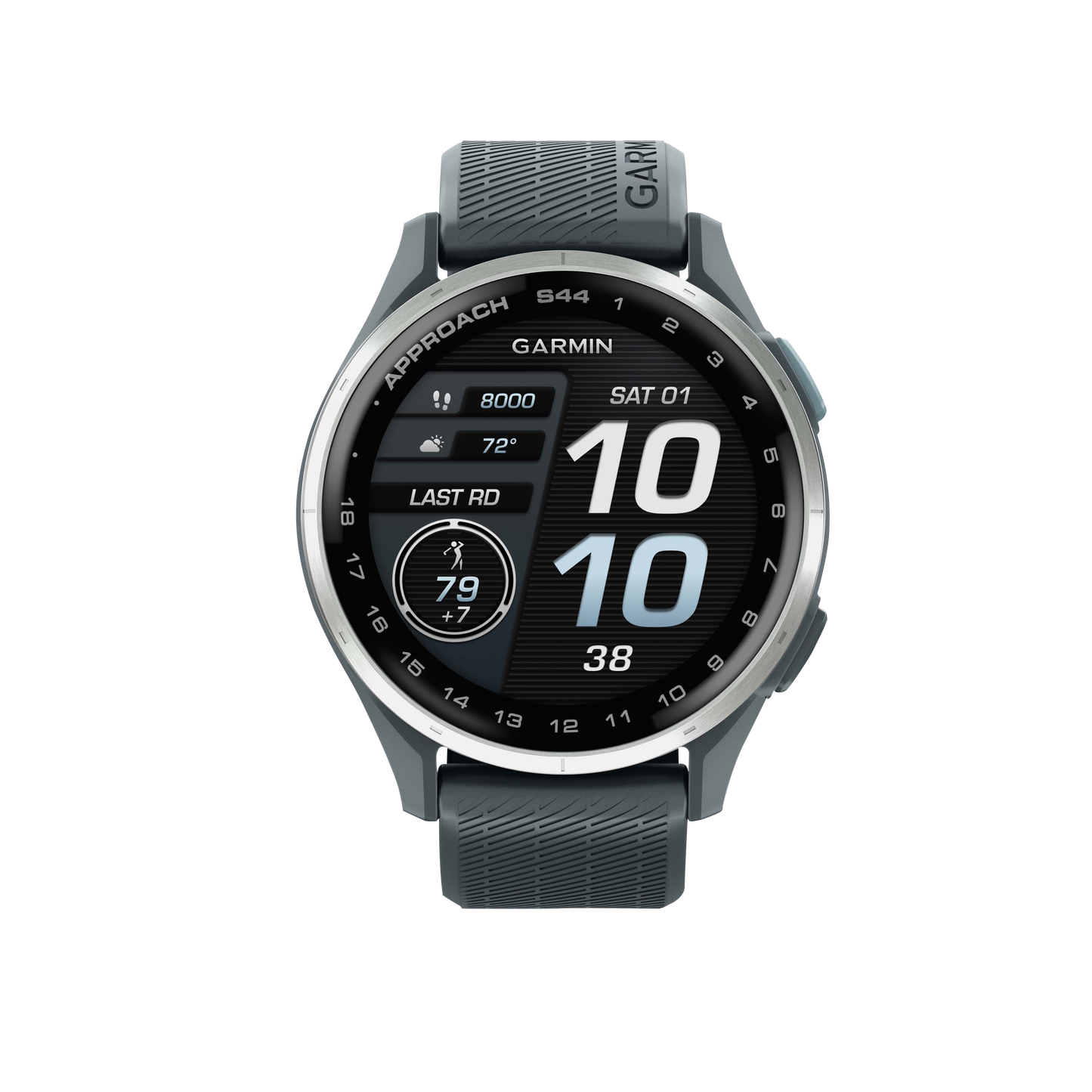 Garmin Approach S44 smartwatch with silver bezel and twilight band, golf GPS & rangefinder.