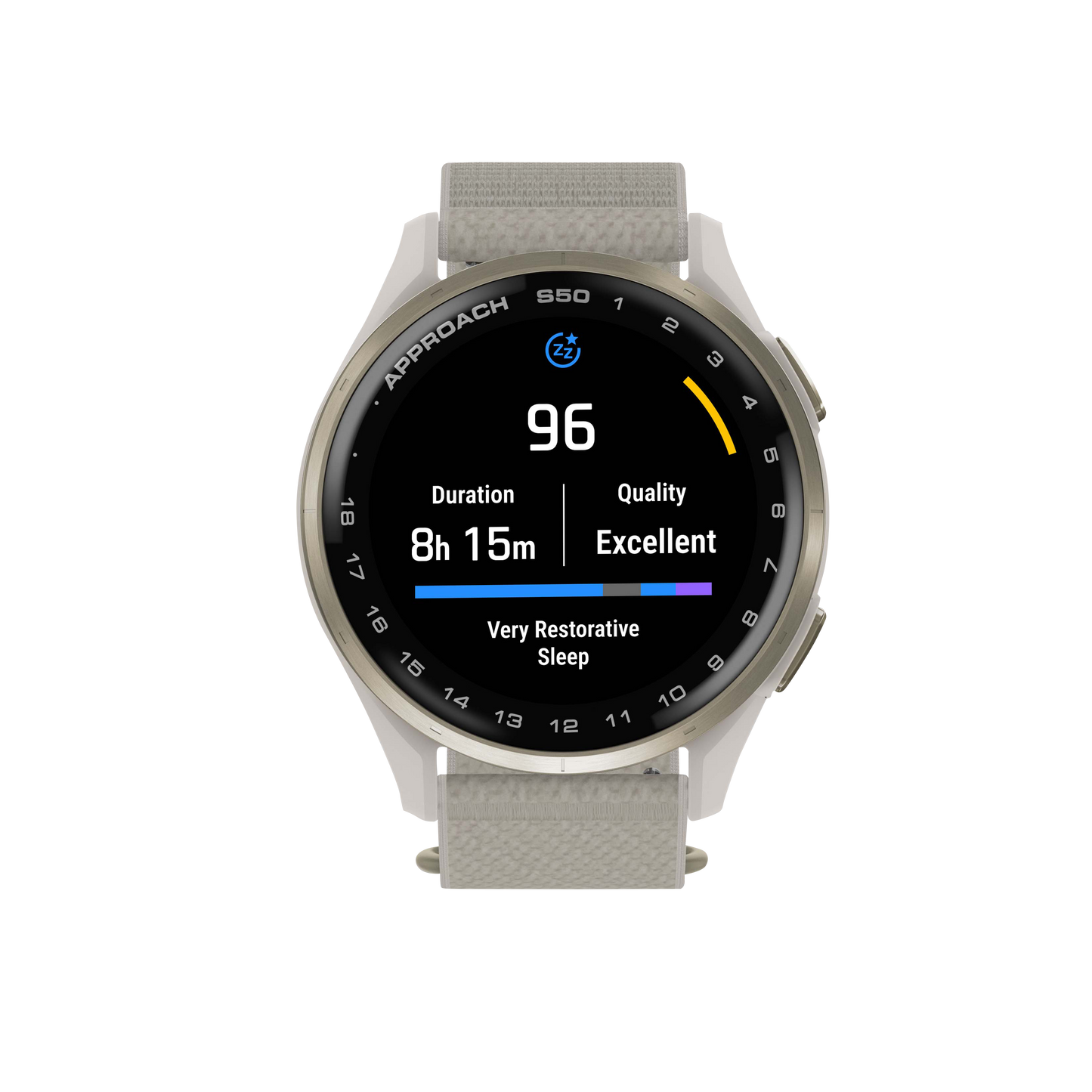 Garmin Approach S50 golf GPS smartwatch with gold bezel and ivory ComfortFit nylon band