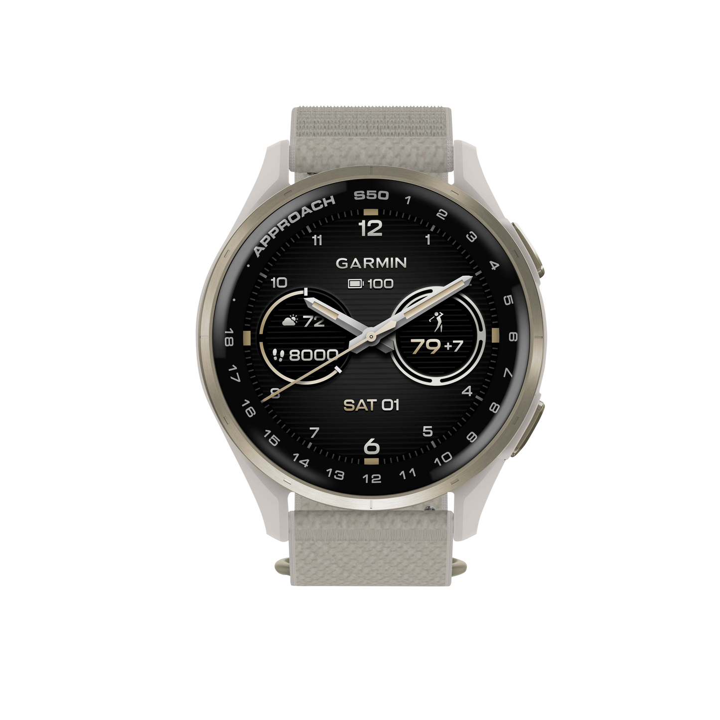Garmin Approach S50 Golf GPS smartwatch with gold bezel and ivory ComfortFit nylon band.