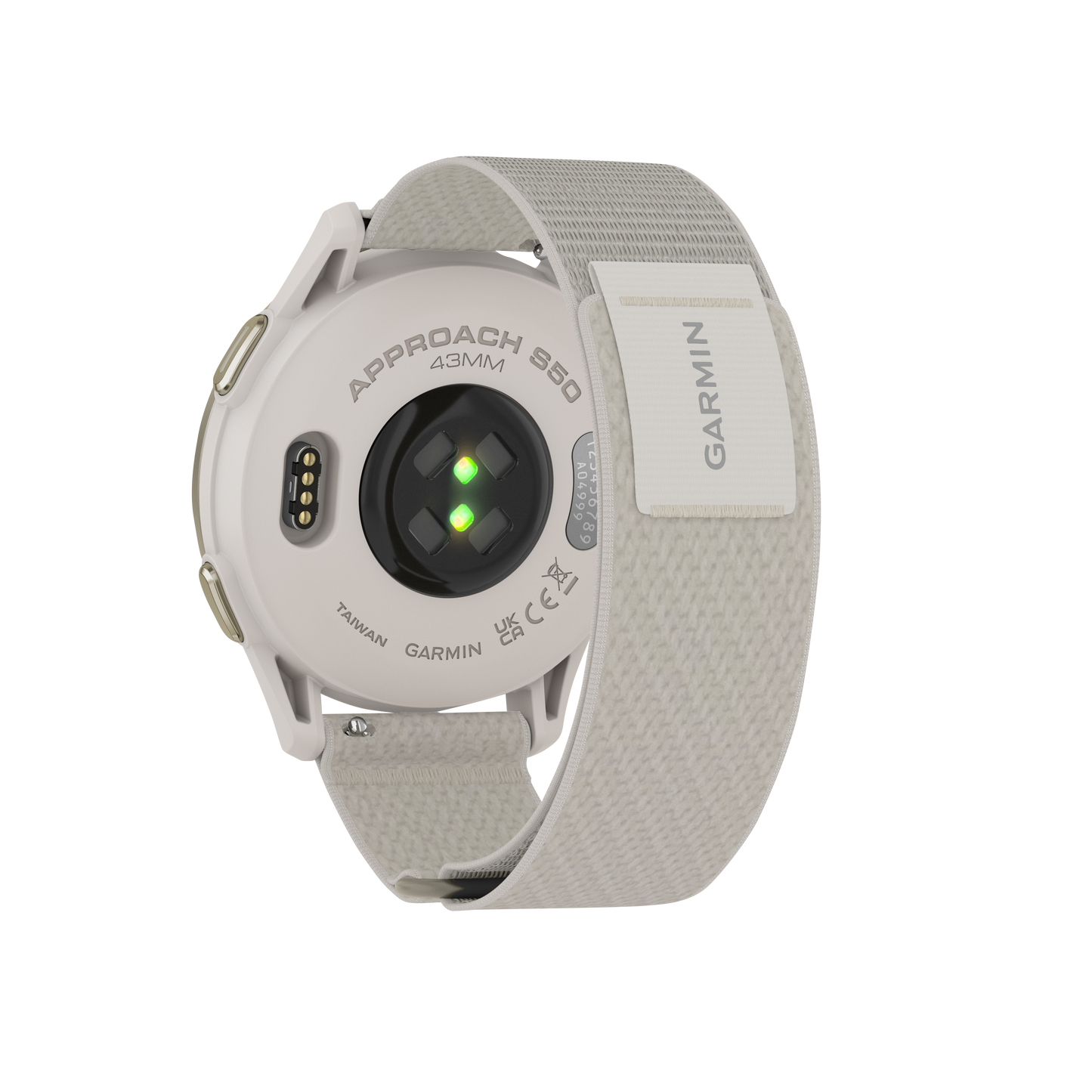 Garmin Approach S50 golf GPS smartwatch with gold bezel and ivory ComfortFit nylon band