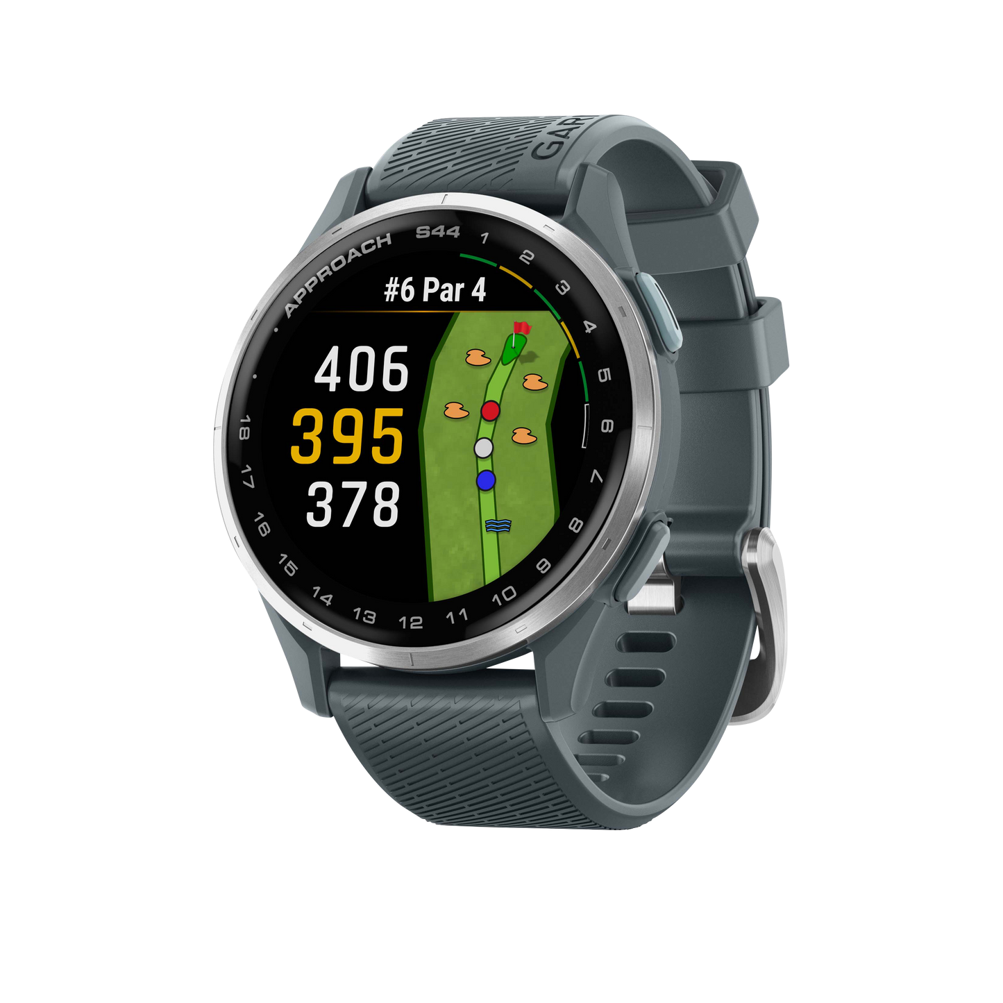 Garmin Approach S44 golf GPS smartwatch and rangefinder, silver bezel with Twilight band