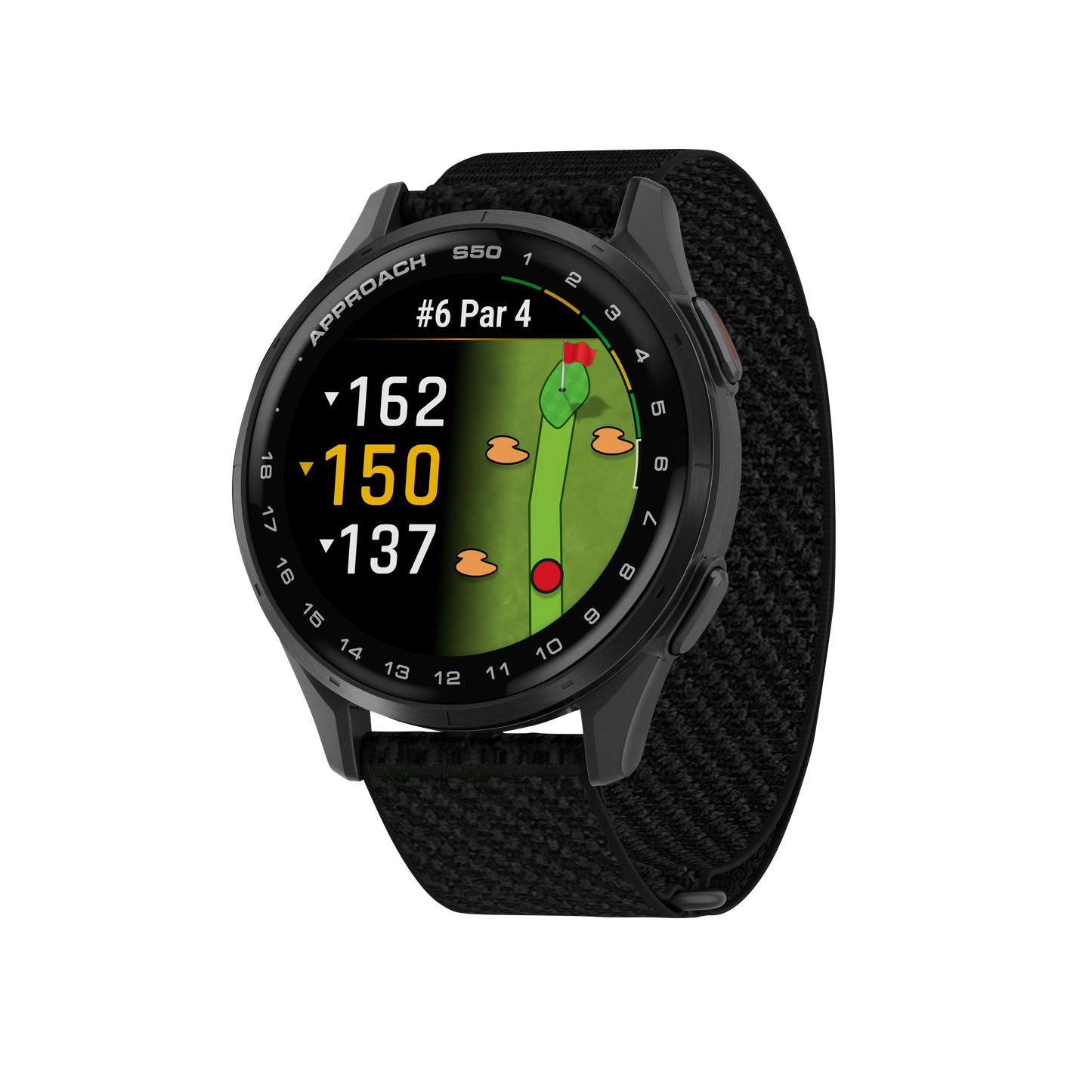 Garmin Approach S50 golf GPS smartwatch with slate bezel and black ComfortFit nylon band