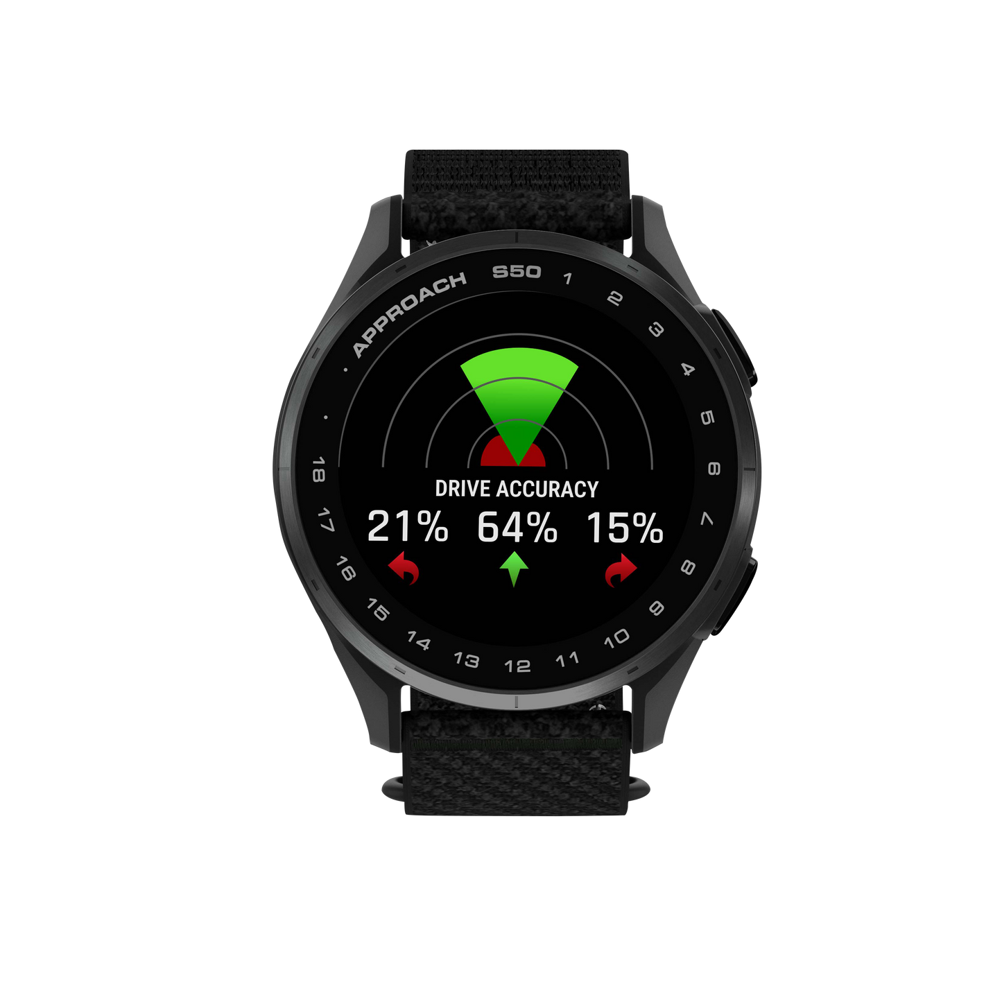 Garmin Approach S50 golf GPS smartwatch with slate bezel and black ComfortFit nylon band