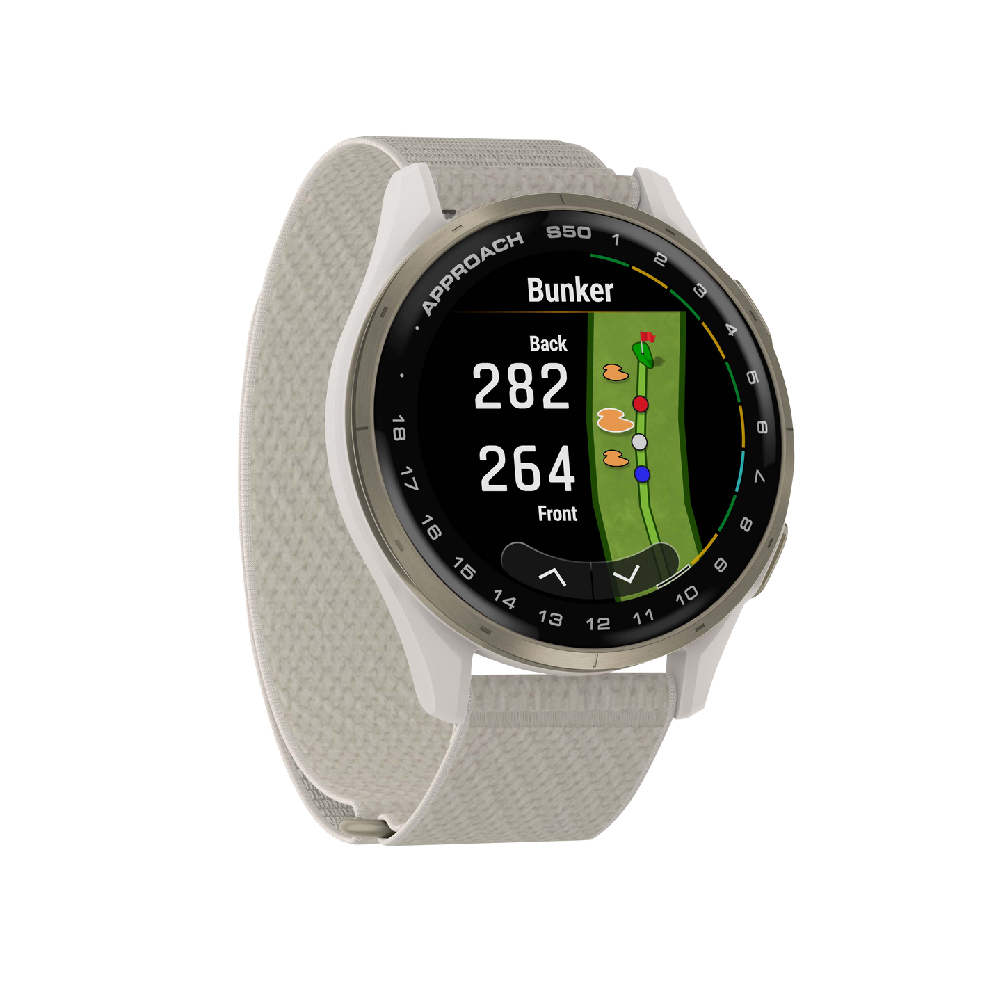 Garmin Approach S50, Gold Bezel/Ivory ComfortFit Nylon Band, Golf GPS Smartwatch & Rangefinder (010-03010-01) by Garmin