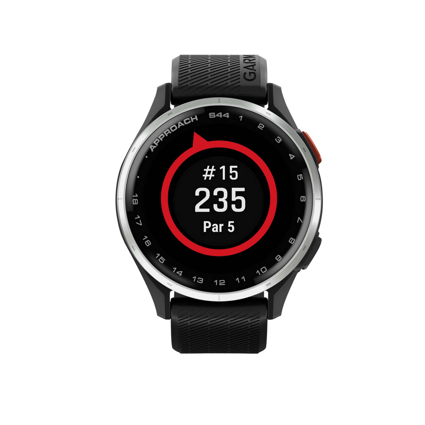 Garmin Approach S44 golf GPS smartwatch with silver bezel and black band