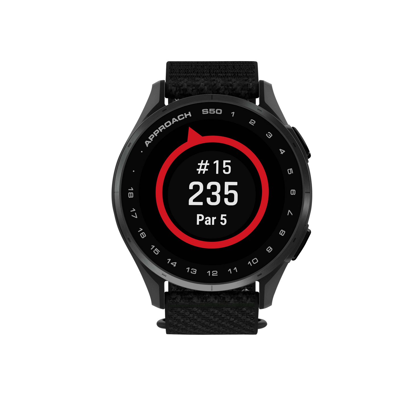 Garmin Approach S50 golf smartwatch with slate bezel and black ComfortFit nylon band