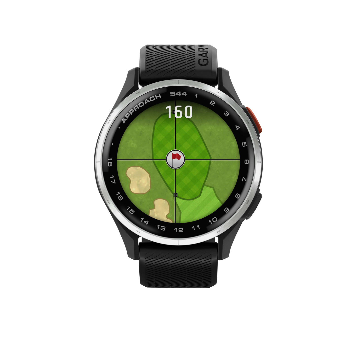 Garmin Approach S44 golf GPS smartwatch with silver bezel and black band