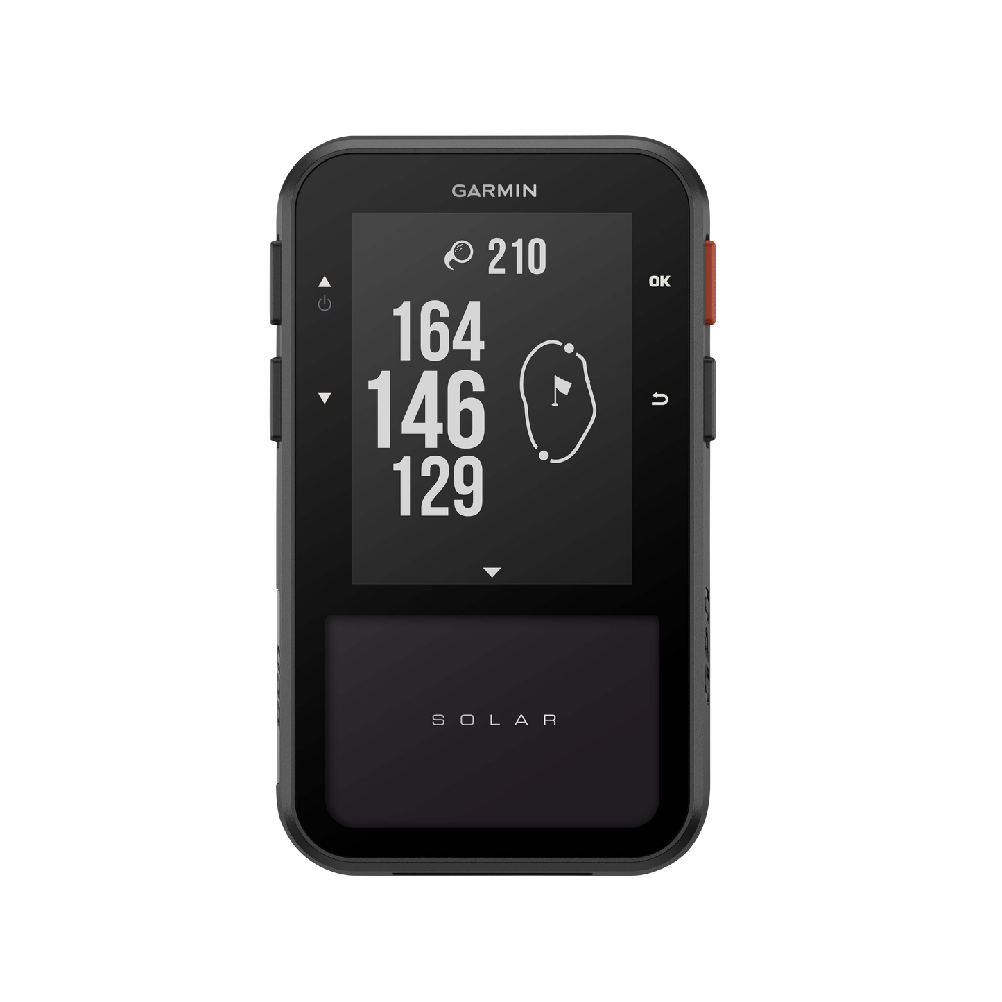 Garmin Approach G20 Solar GPS golf handheld and rangefinder, black with red side button.