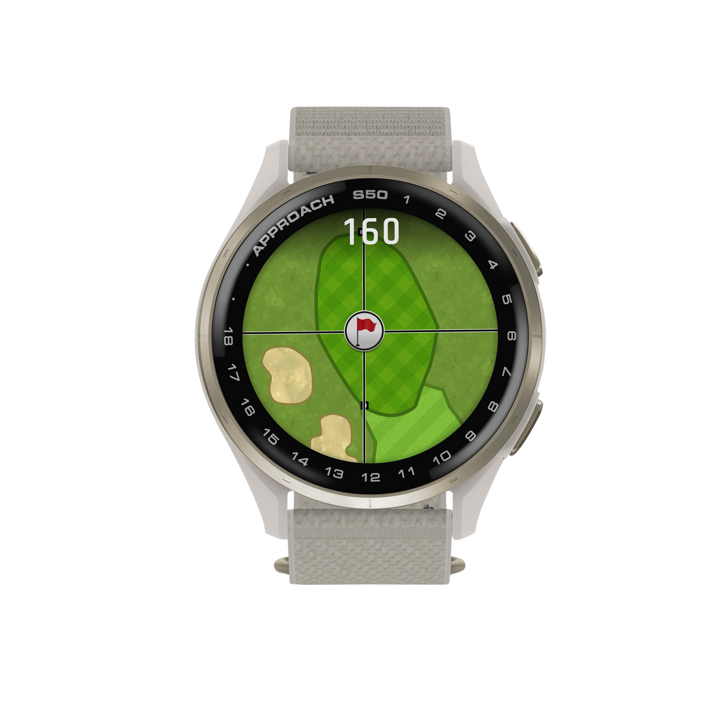 Garmin Approach S50 golf GPS smartwatch with gold bezel and ivory ComfortFit nylon strap.