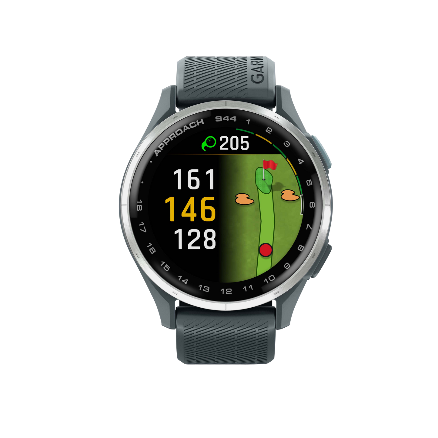 Garmin Approach S44 golf GPS smartwatch with silver bezel and Twilight band, built-in rangefinder and golf map display