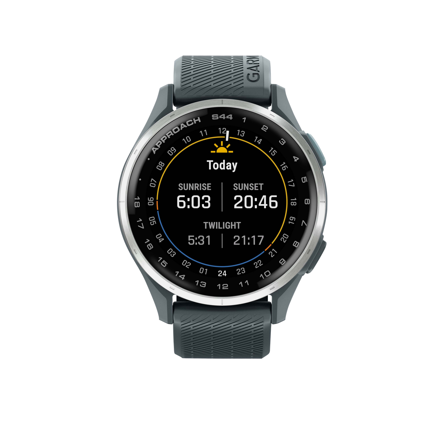 Garmin Approach S44 golf GPS smartwatch with silver bezel and twilight band