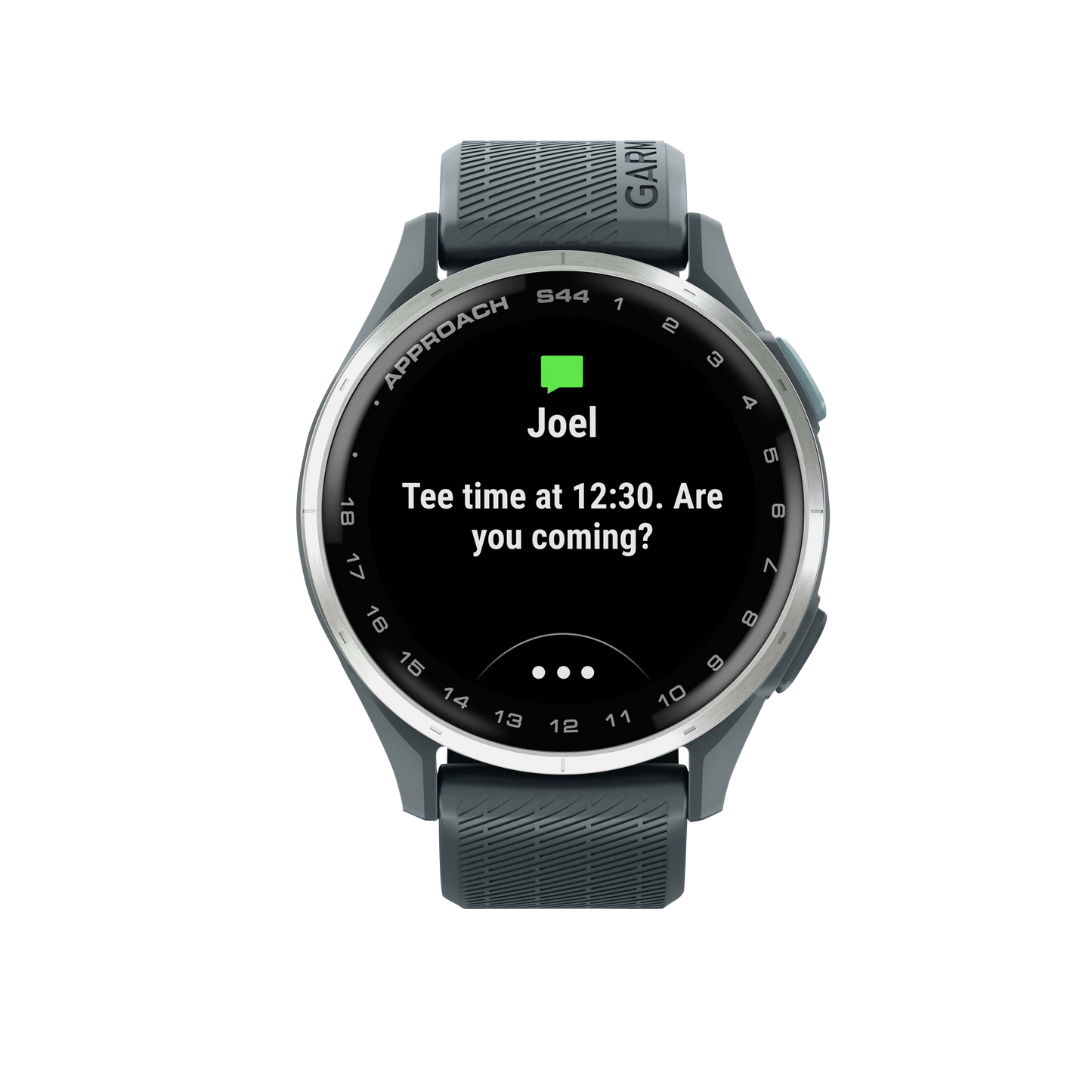 Garmin Approach S44 golf GPS smartwatch with silver bezel and twilight band