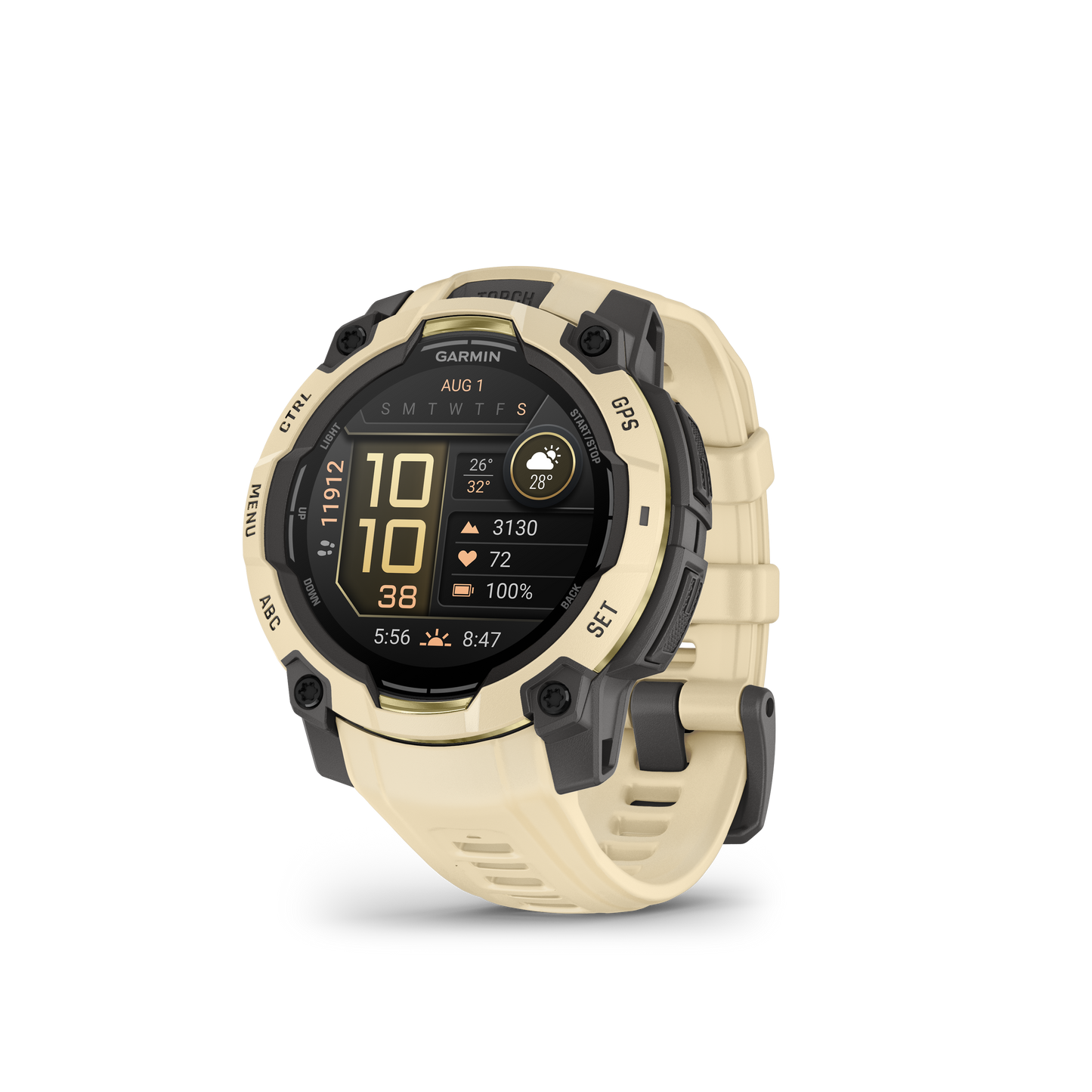 Garmin Instinct 3 smartwatch, 45mm AMOLED display in citrine with matching citrine band.