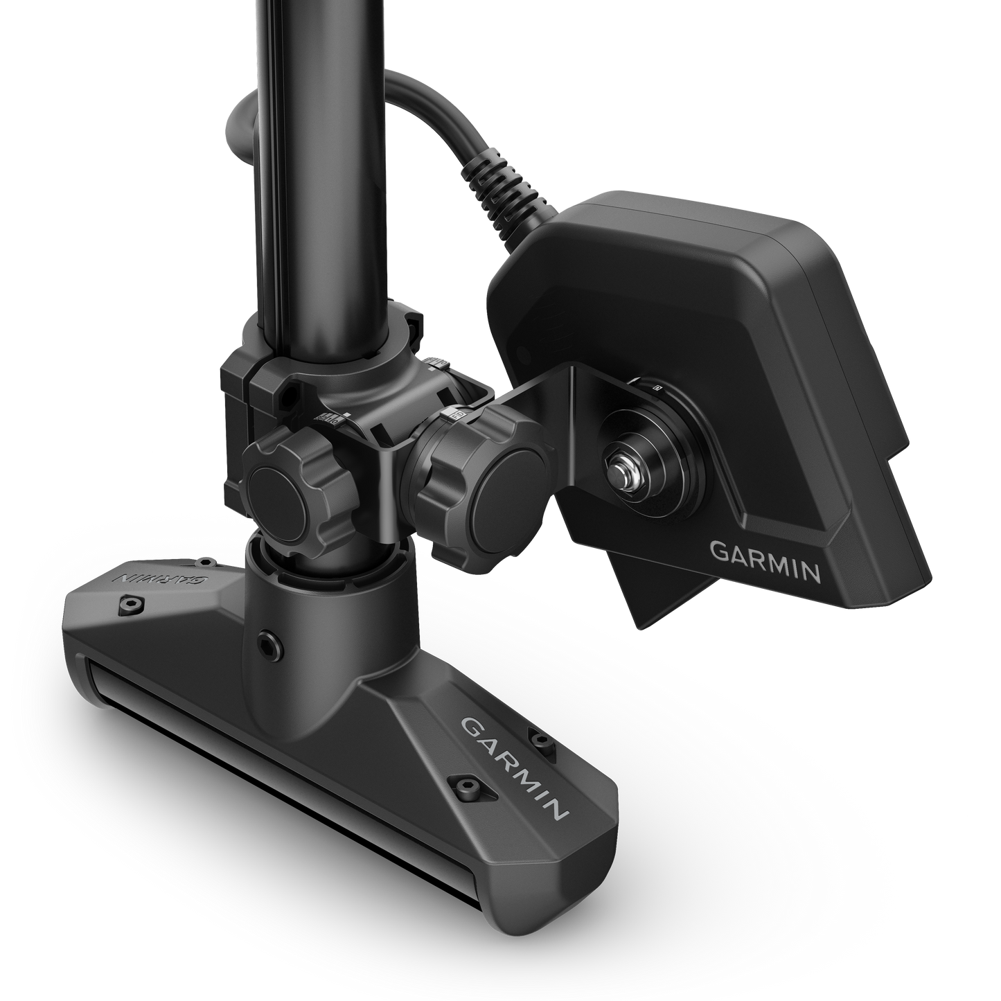 Garmin LiveScope 2 HD Ice Fishing Transducer on a dark gray mount with Garmin branding