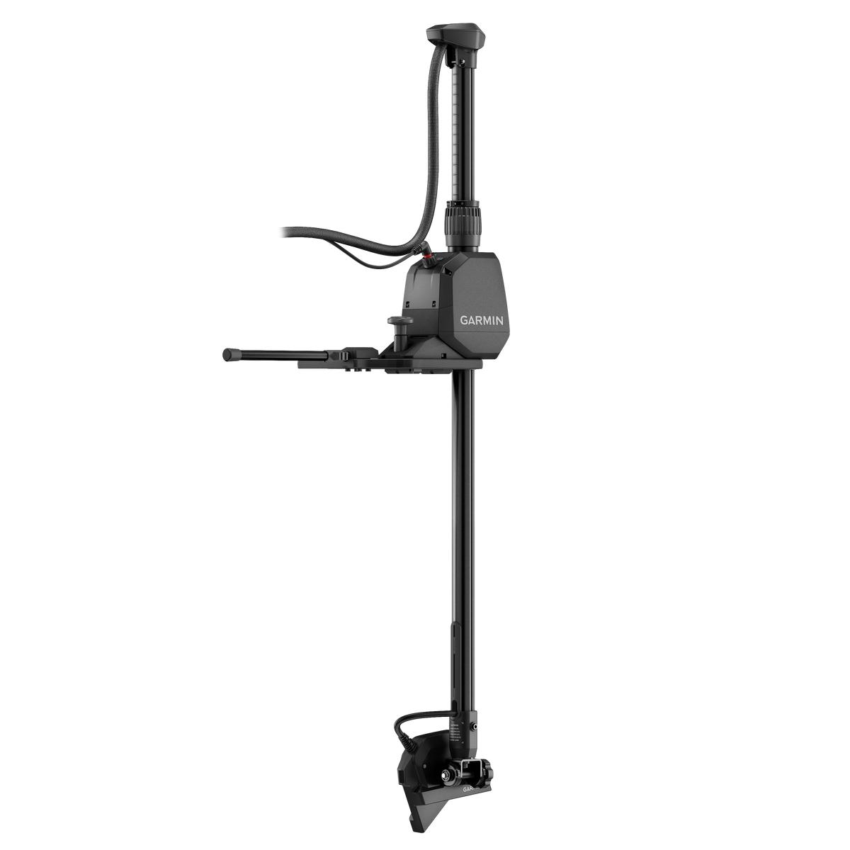 Garmin LiveScope 2 Transducer on mounting pole; black marine fish finder