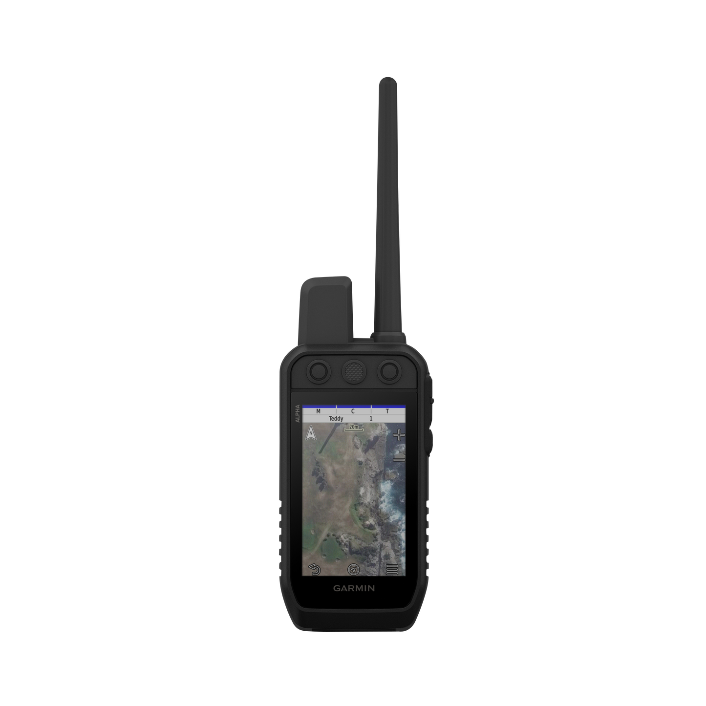 Garmin Alpha 200 Plus handheld GPS dog-tracking device with long antenna and rugged black chassis.