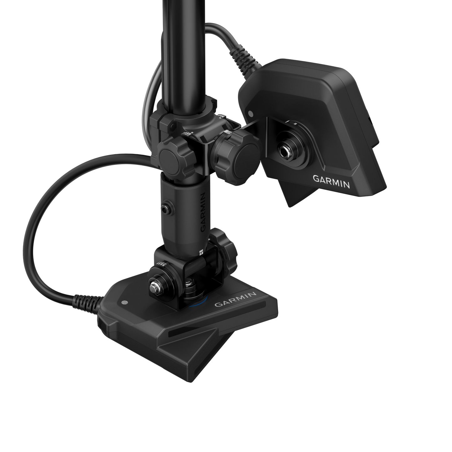Garmin LiveScope 2 transducer on black mounting pole with Garmin branding