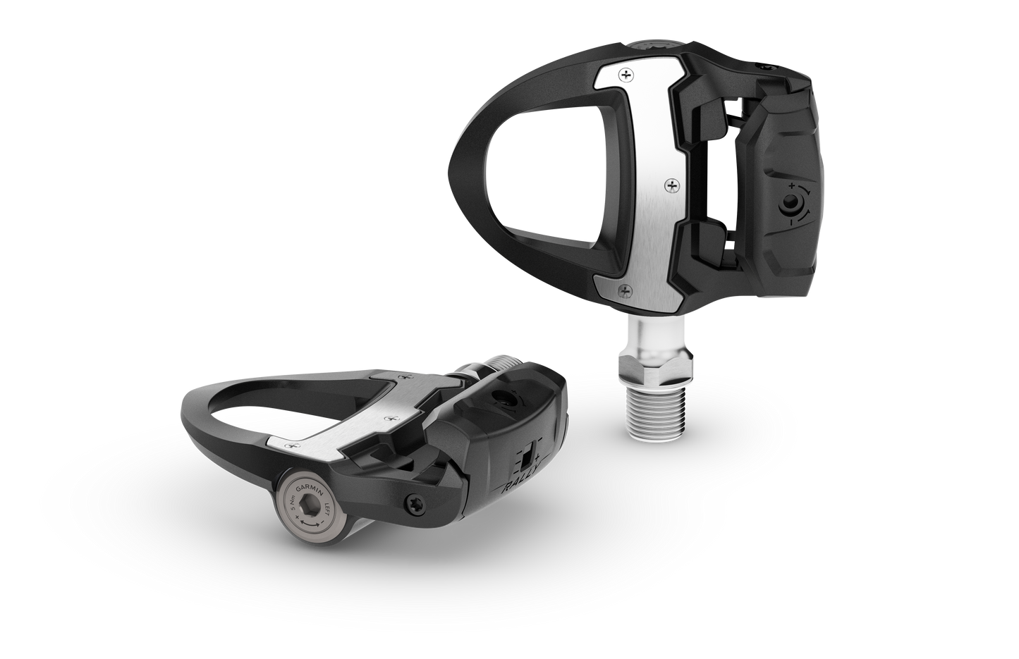 Garmin Rally RS110 single-sensing power meter pedals, black with silver plates, 2 pedals shown