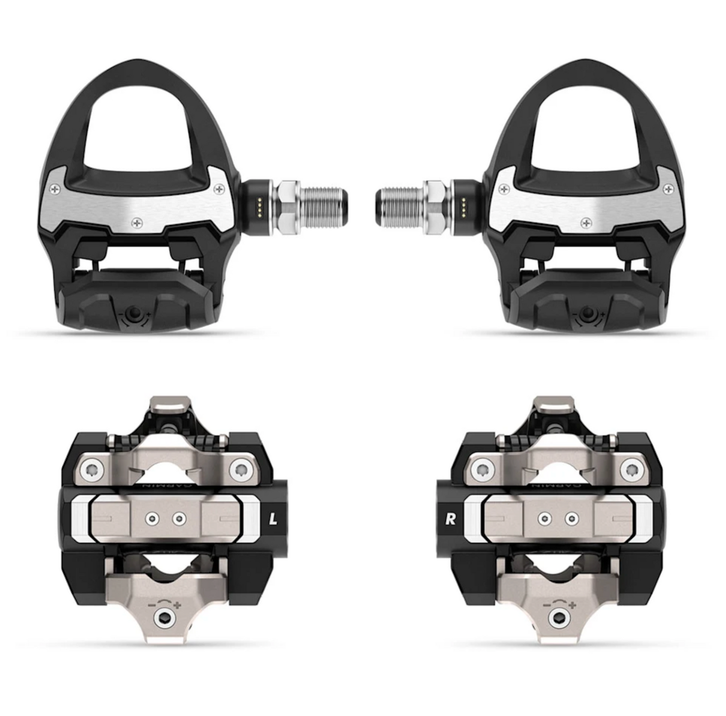 Garmin Rally RS/XC210 dual-sensing power meter pedal pair in black with silver axles