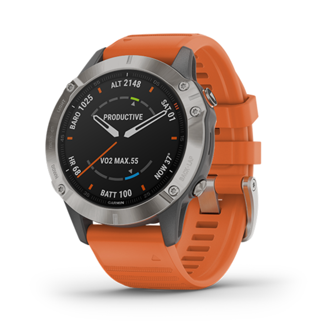 Garmin Fenix 6X Pro Solar smartwatch with orange band, titanium bezel, sapphire glass