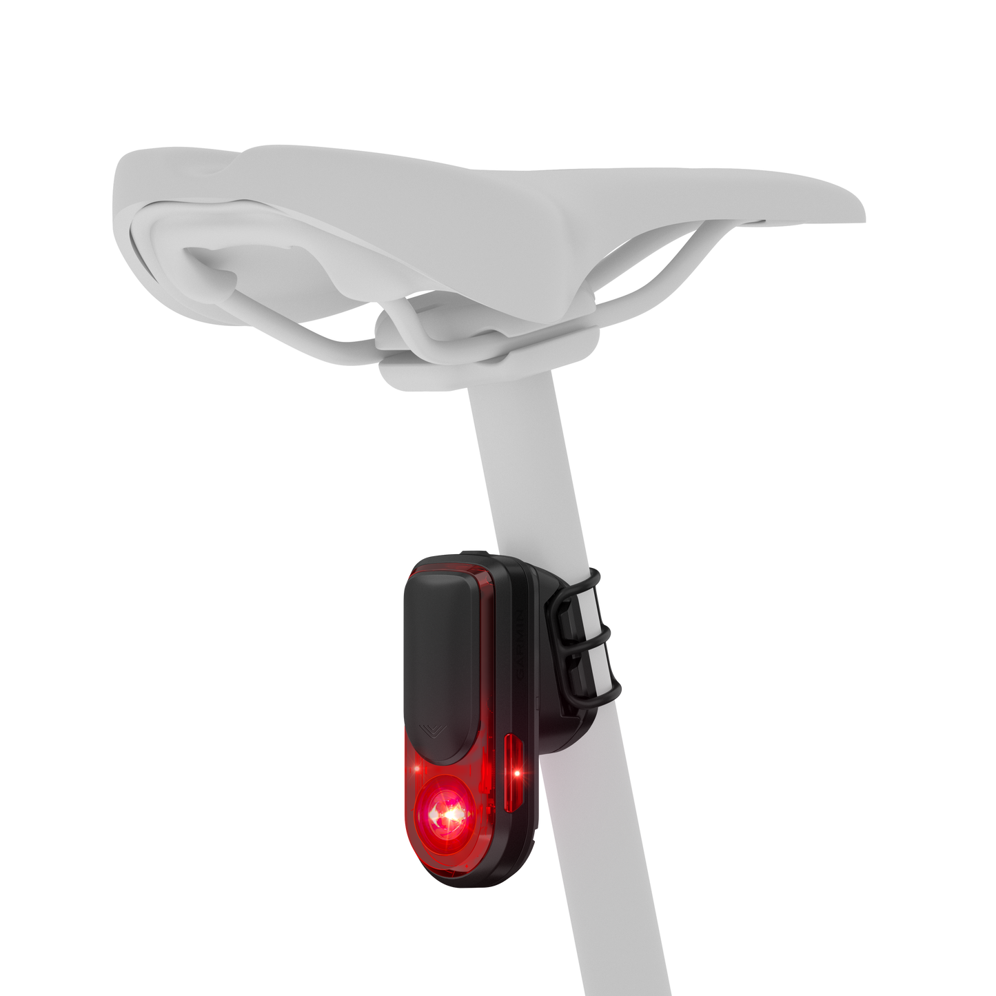 Garmin Varia RearVue 820 radar tail light on a bicycle seat post, black housing with red LED