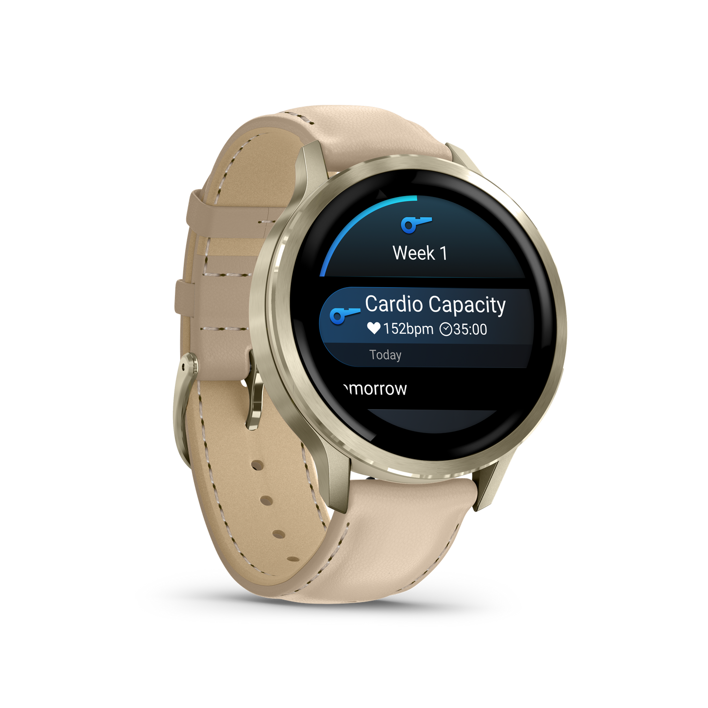 Garmin Venu 4 smartwatch, 41mm lunar gold case with bone silicone and light sand leather bands