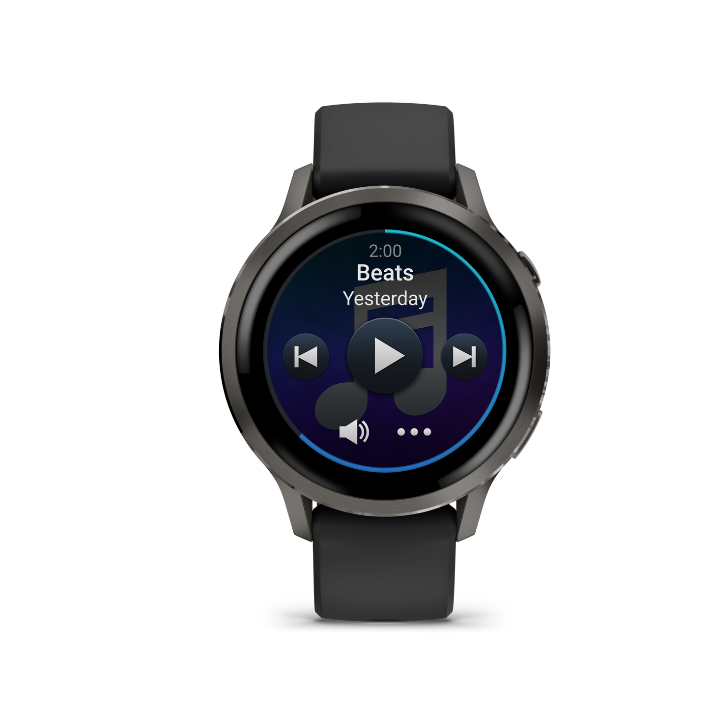 Garmin Venu 4 smartwatch, 45mm slate with black silicone band.