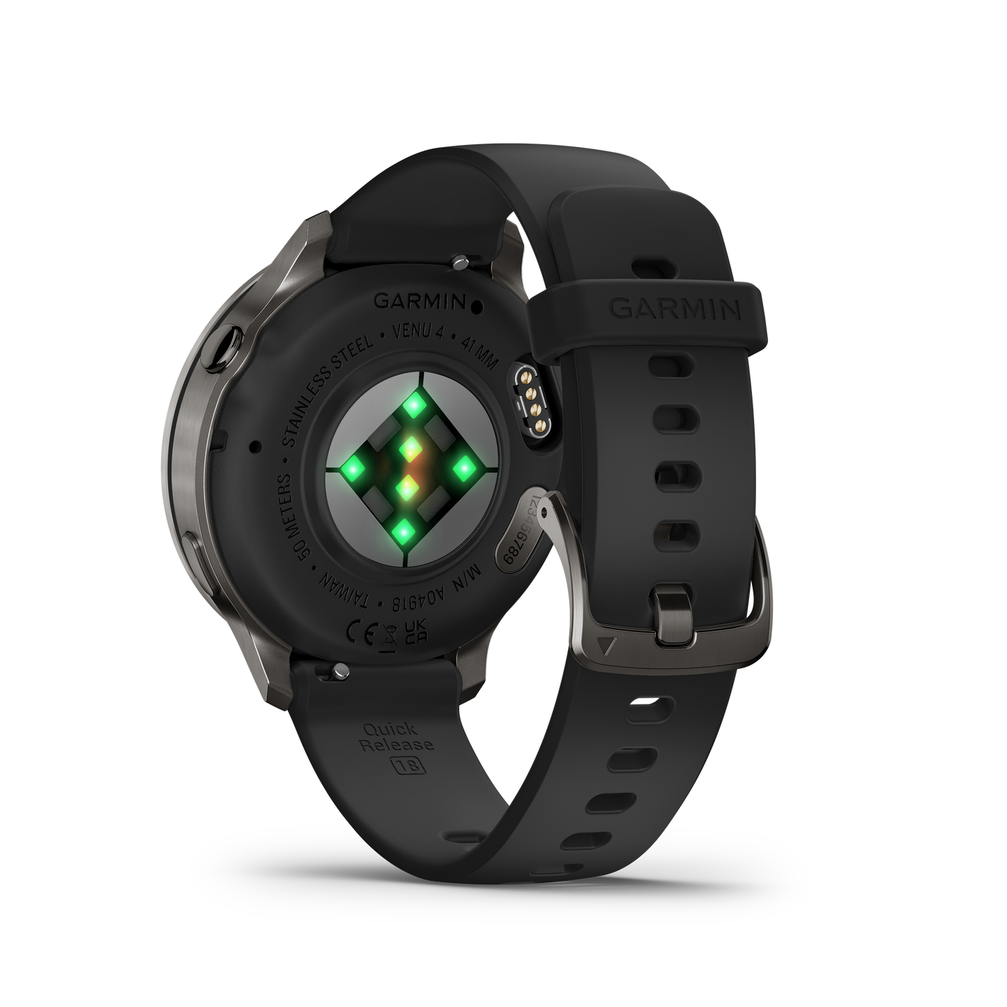 Garmin Venu 4 41mm slate smartwatch with black silicone band.