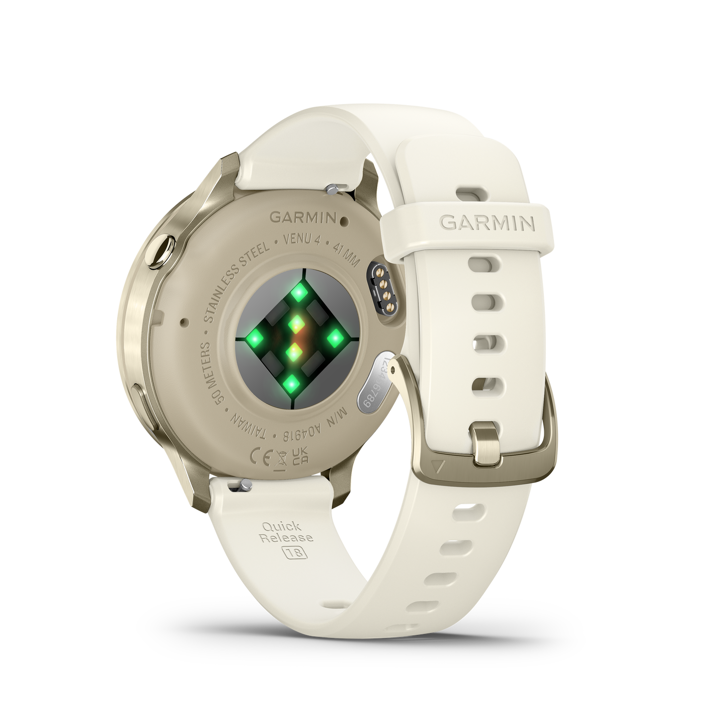 Garmin Venu 4 smartwatch, 41mm Lunar Gold case with Bone silicone band, back view with green LED sensors