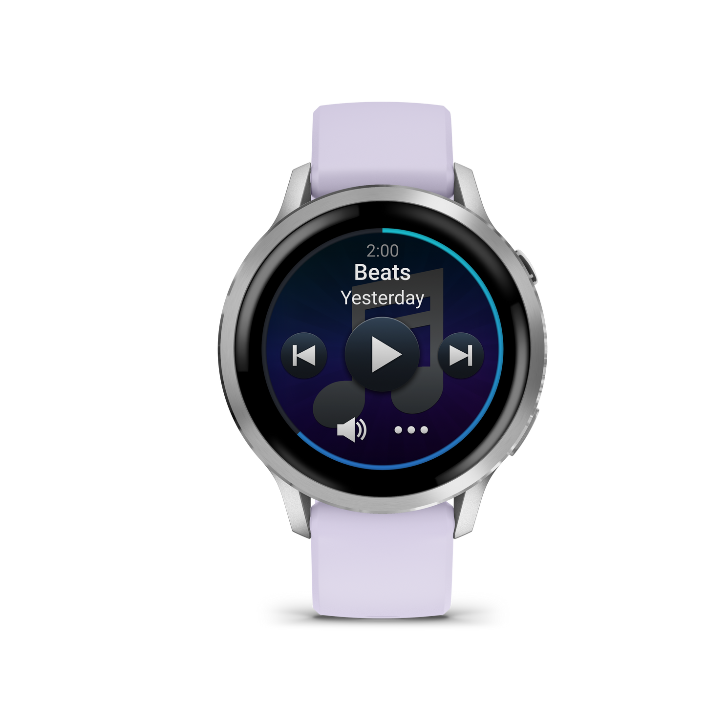 Garmin Venu 4 smartwatch, 41mm silver case with periwinkle silicone band