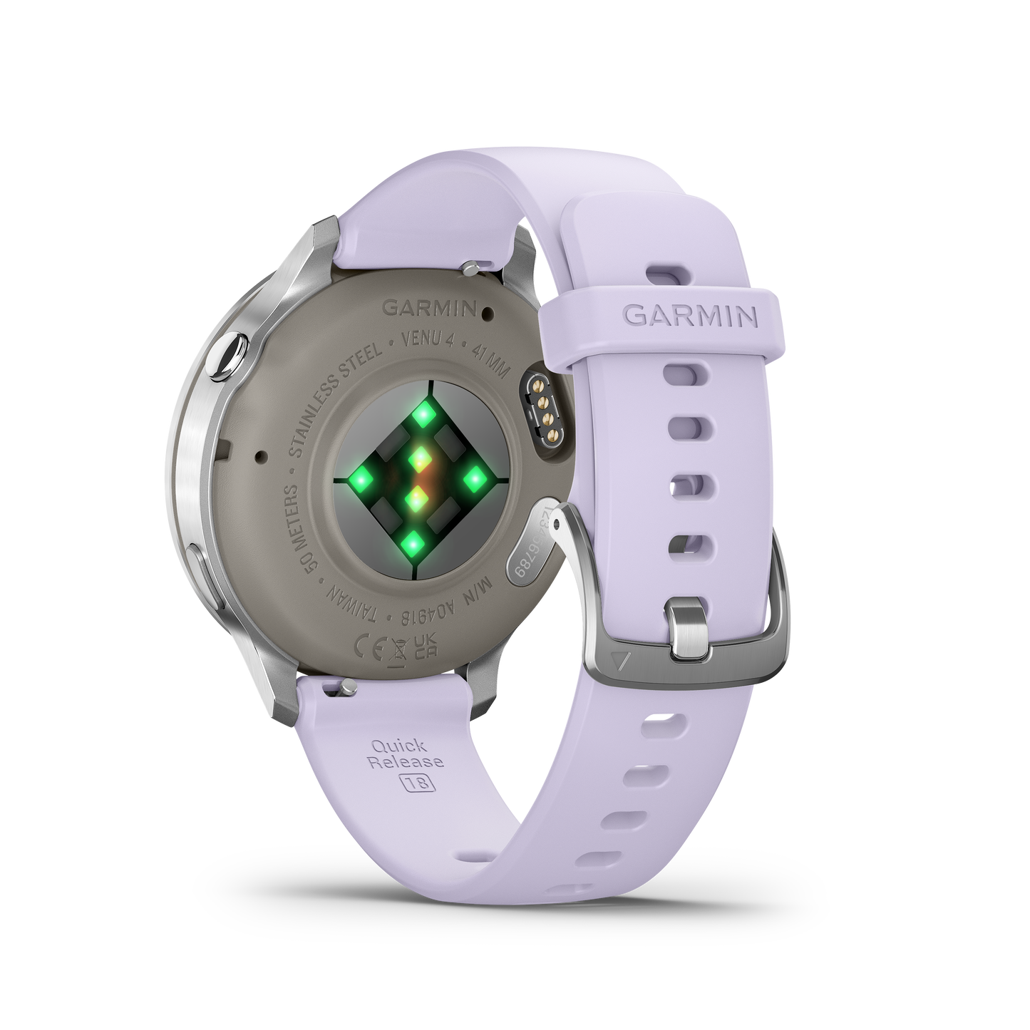 Garmin Venu 4 smartwatch, 41mm silver case with periwinkle silicone band.