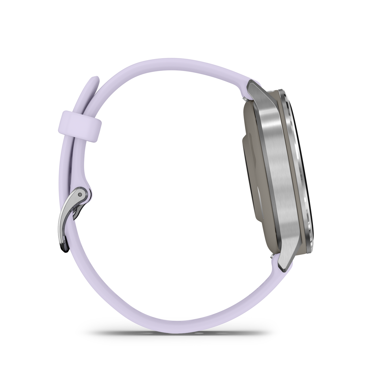 Garmin Venu 4 smartwatch, 41mm, silver case with periwinkle silicone band.
