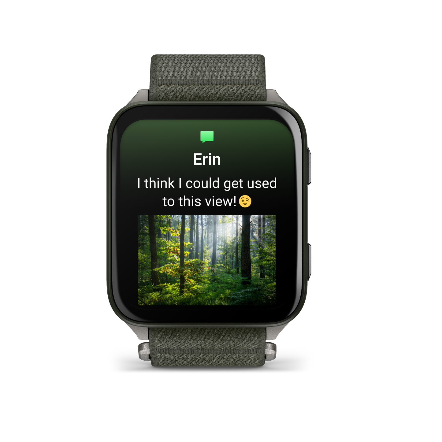 Garmin Venu X1 smartwatch in Moss with titanium case and Moss ComfortFit band