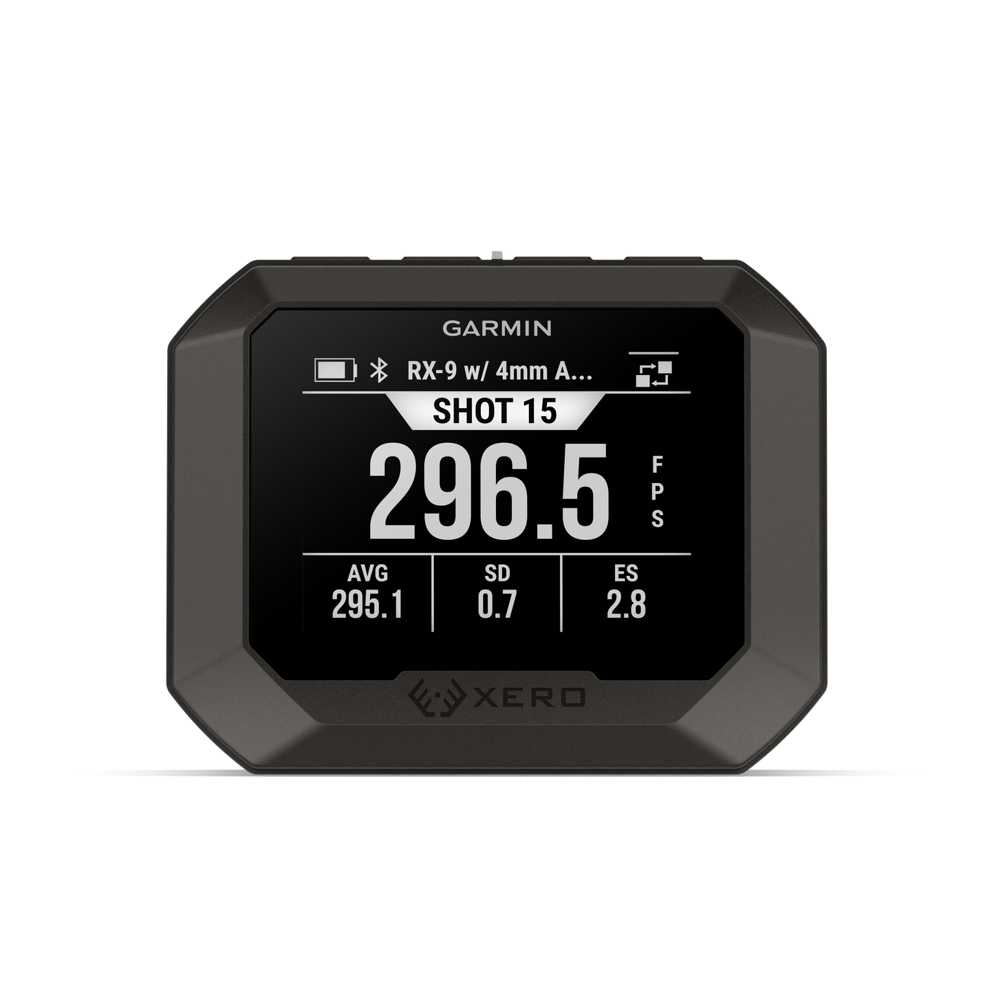 Garmin Xero C2 Chronograph; rugged range device with Shot 15, 296.5 FPS, AVG 295.1, SD 0.7, ES 2.8